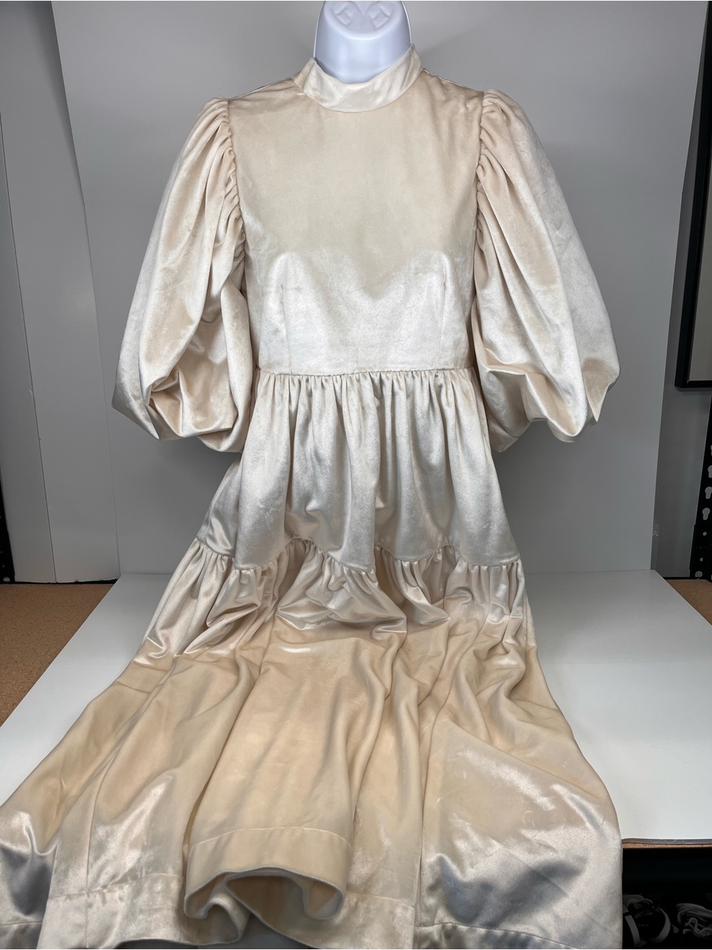 Cream Satin Maxi Dress with Puff Sleeves